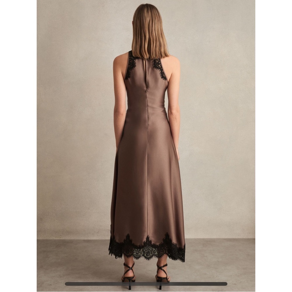 NWT REISS Anais Drape lace-trim dress mocha brown size 12 - Picture 2 of 12